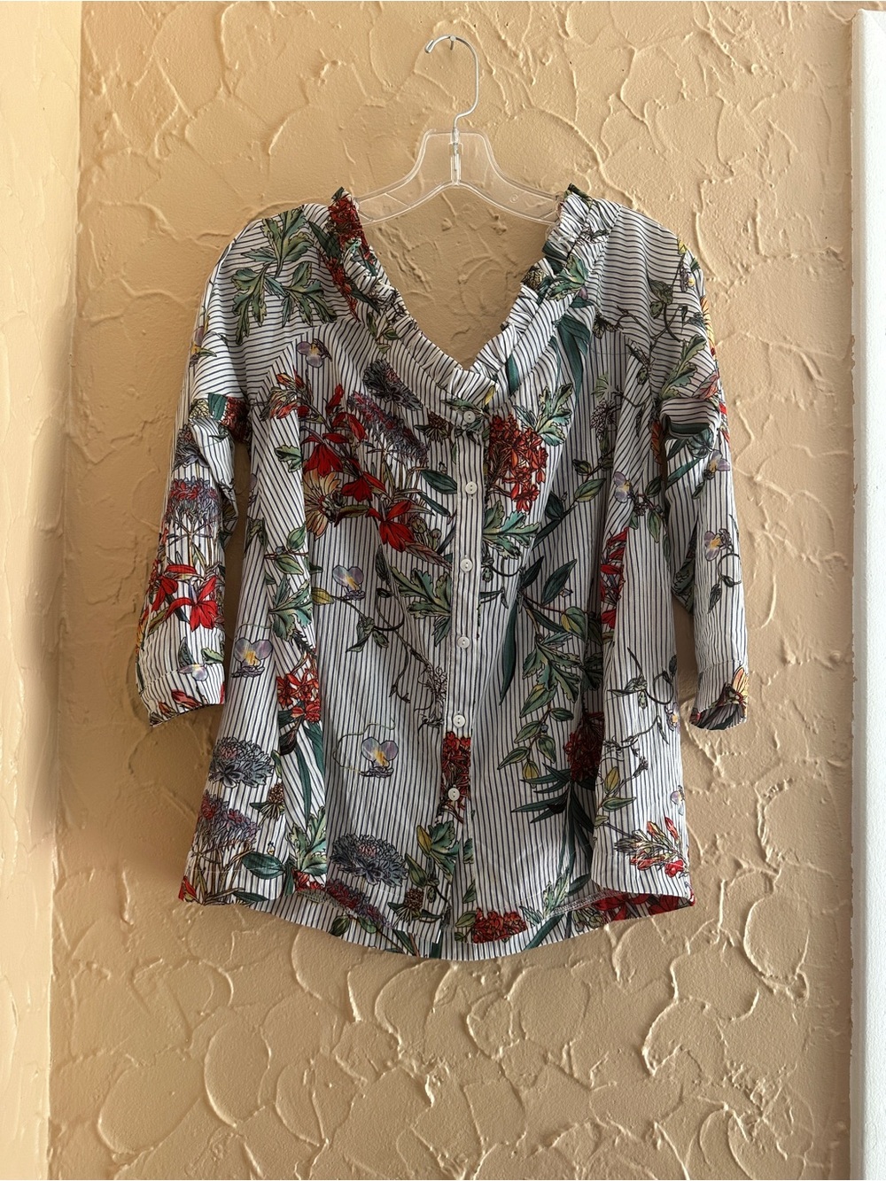 entro Striped Off-Shoulder Blouse with Red and Green Floral Print